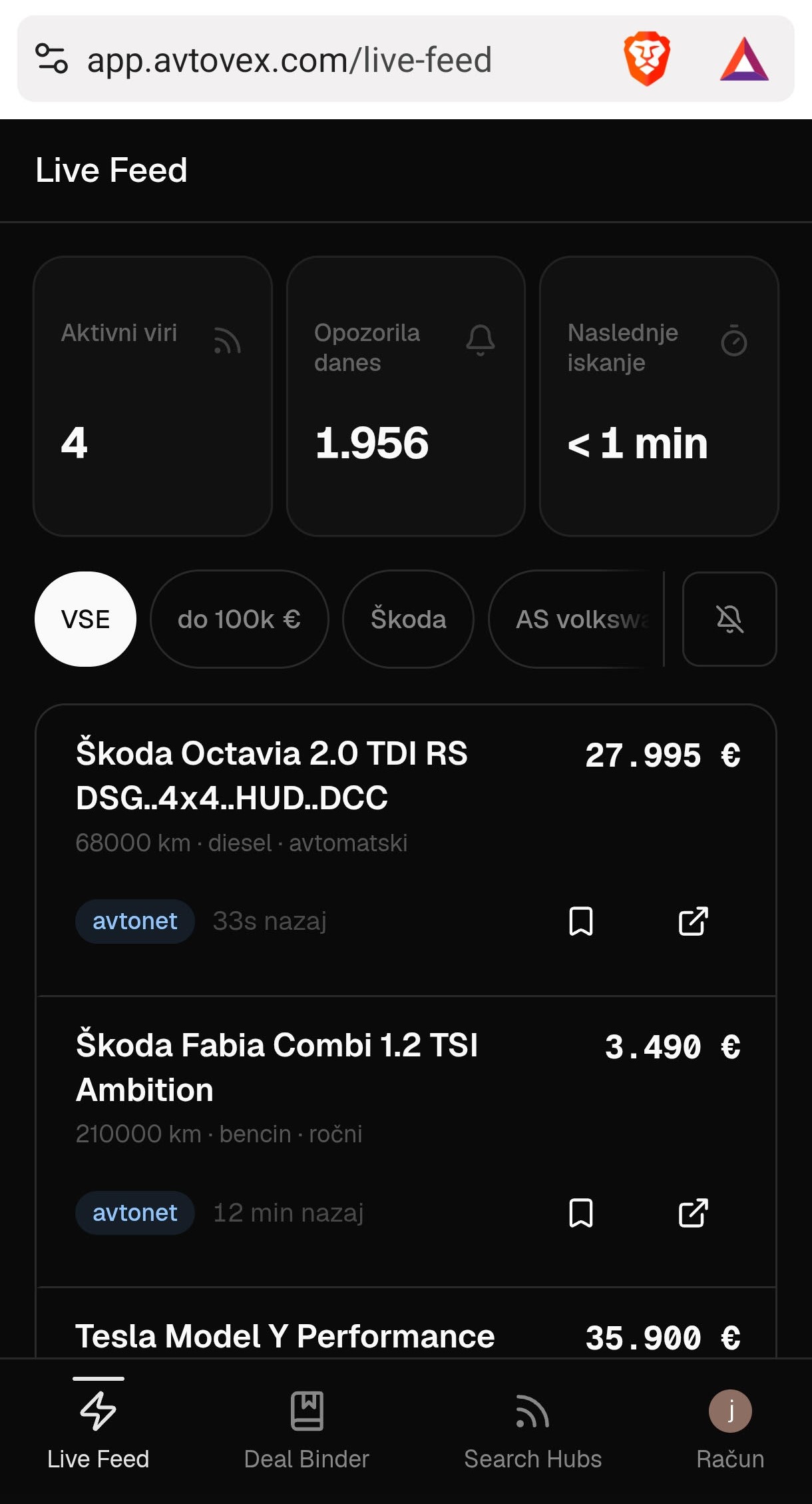 Avtovex Live Feed na telefonu — novi oglasi v realnem času